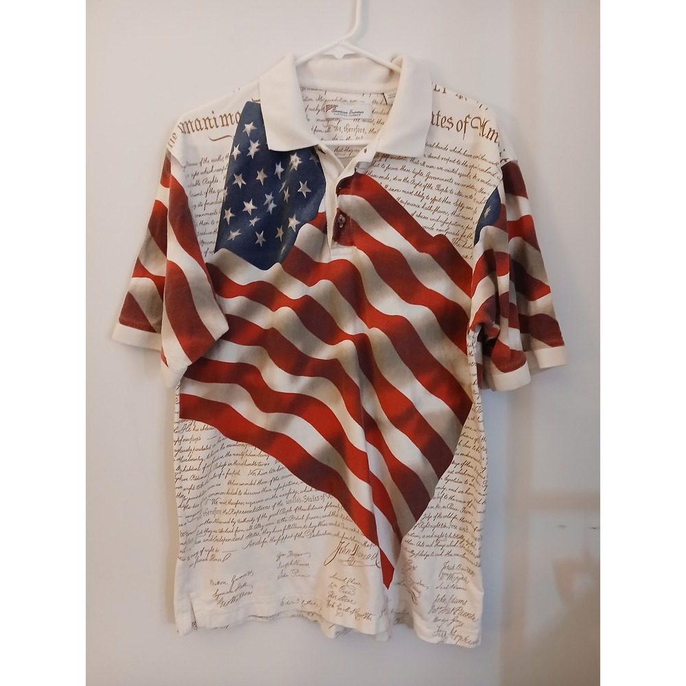 American Summer Mens Large US Flag Declaration of Independence Polo Shirt Cotton